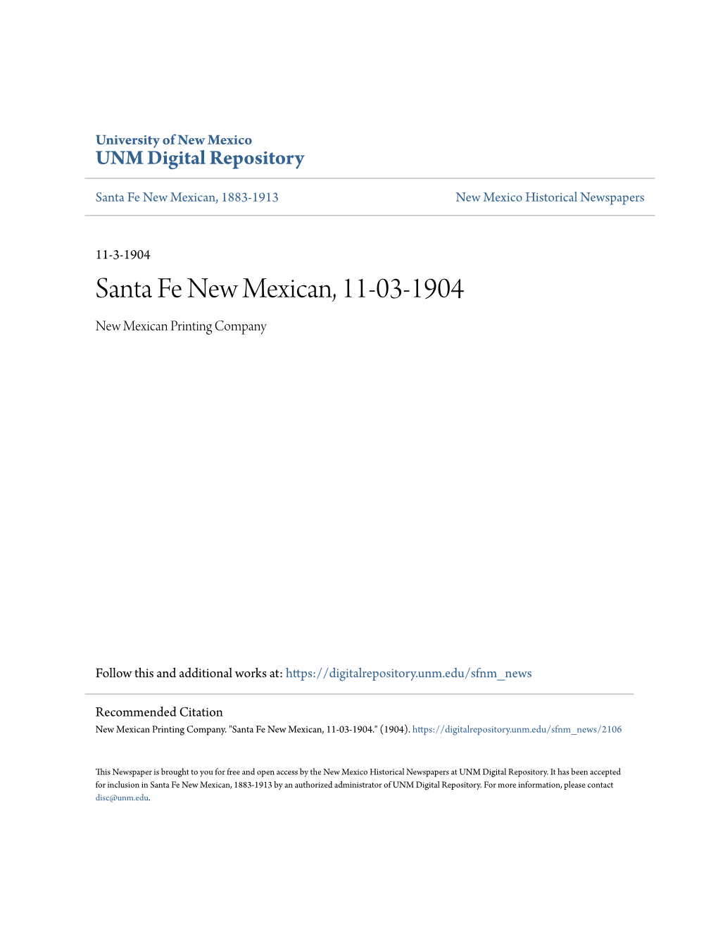 Santa Fe New Mexican, 11-03-1904 New Mexican Printing Company