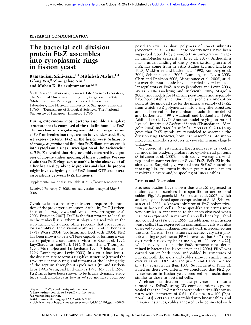 The Bacterial Cell Division Protein Ftsz Assembles Into Cytoplasmic Rings in Fission Yeast