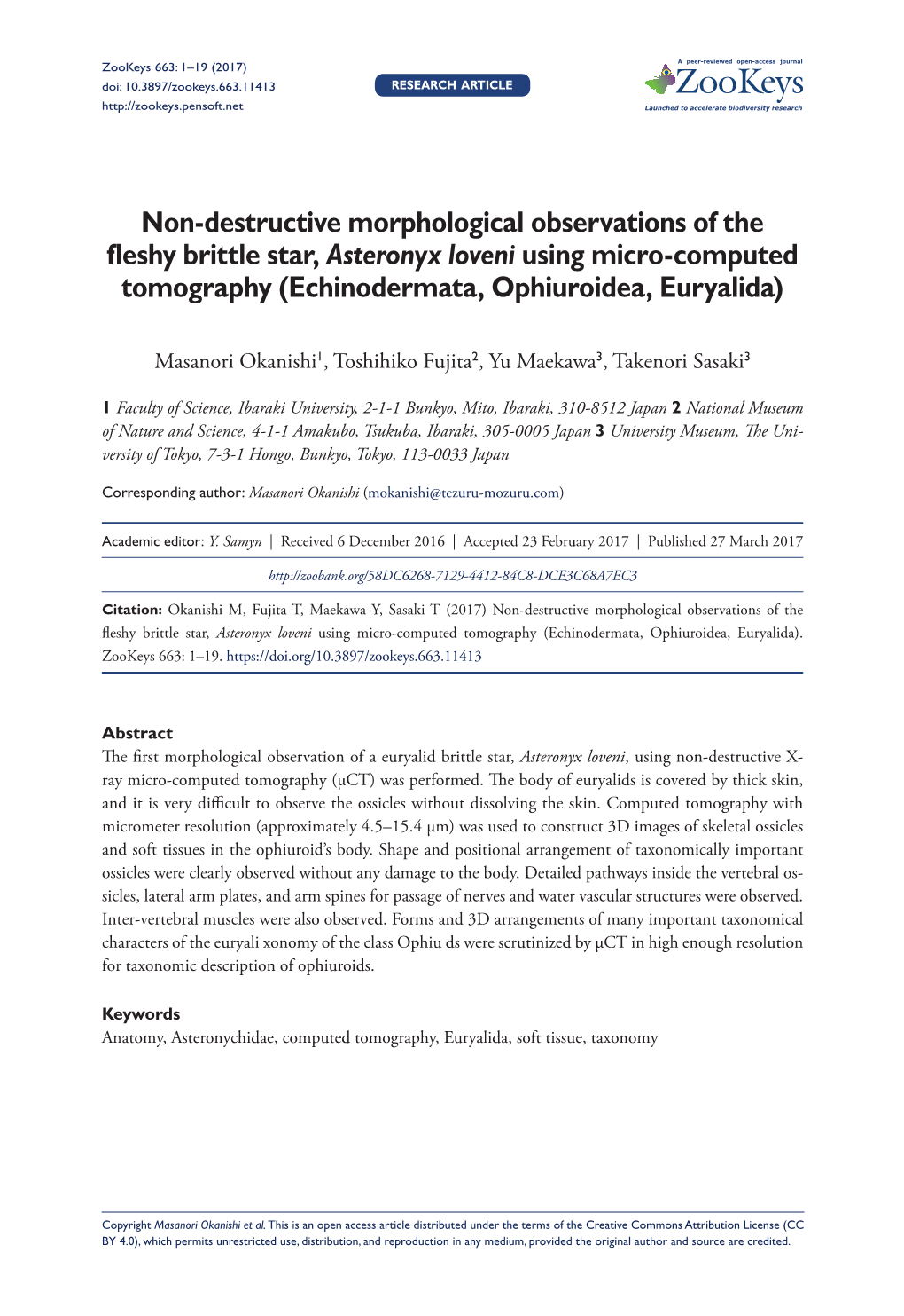 Non-Destructive Morphological Observations of the Fleshy Brittle Star, Asteronyx Loveni Using Micro-Computed Tomography (Echinodermata, Ophiuroidea, Euryalida)