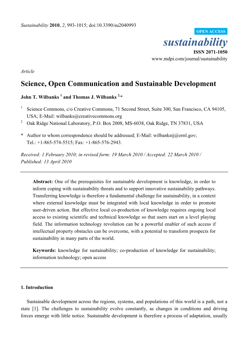 Sustainability 2010, 2, 993-1015; Doi:10.3390/Su2040993 OPEN ACCESS Sustainability ISSN 2071-1050