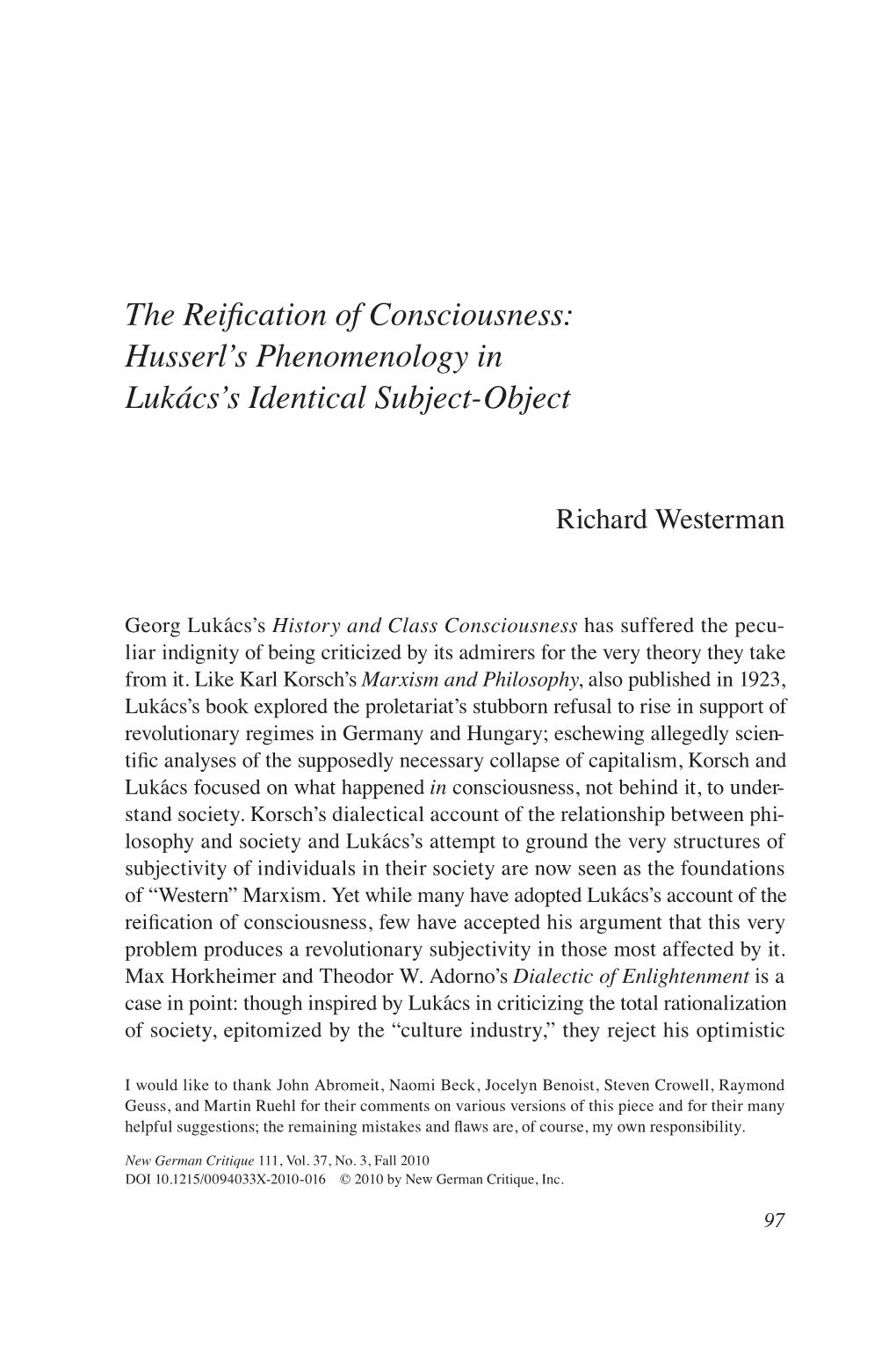 The Reification of Consciousness