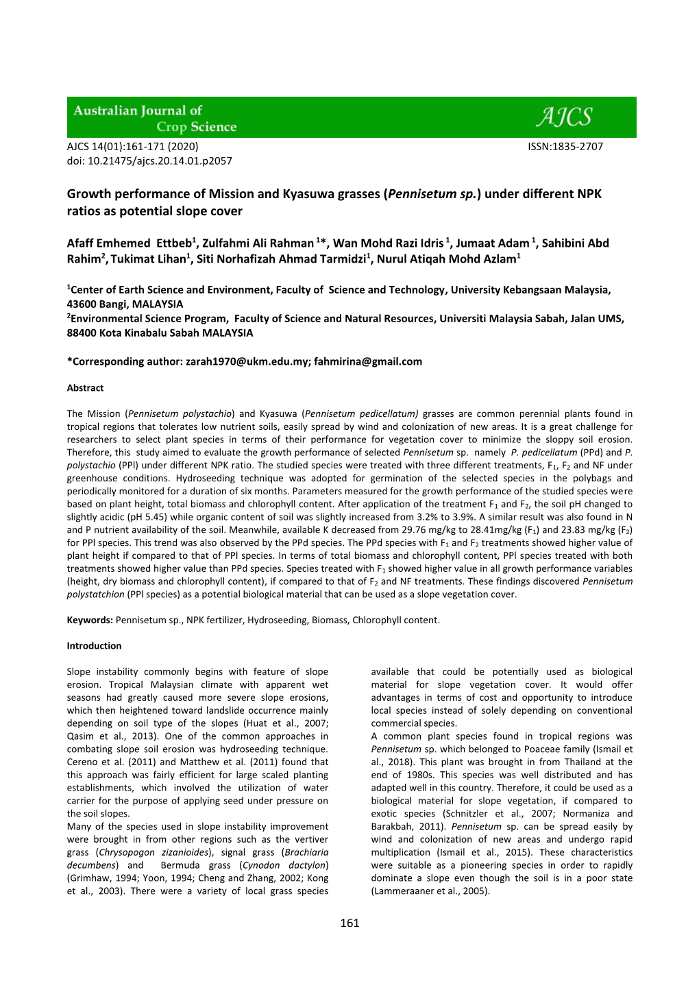 Growth Performance of Mission and Kyasuwa Grasses (Pennisetum Sp.) Under Different NPK Ratios As Potential Slope Cover