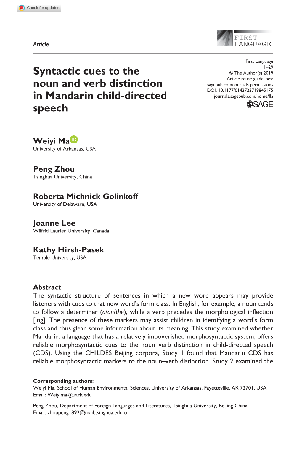 Syntactic Cues to the Noun and Verb Distinction in Mandarin Child