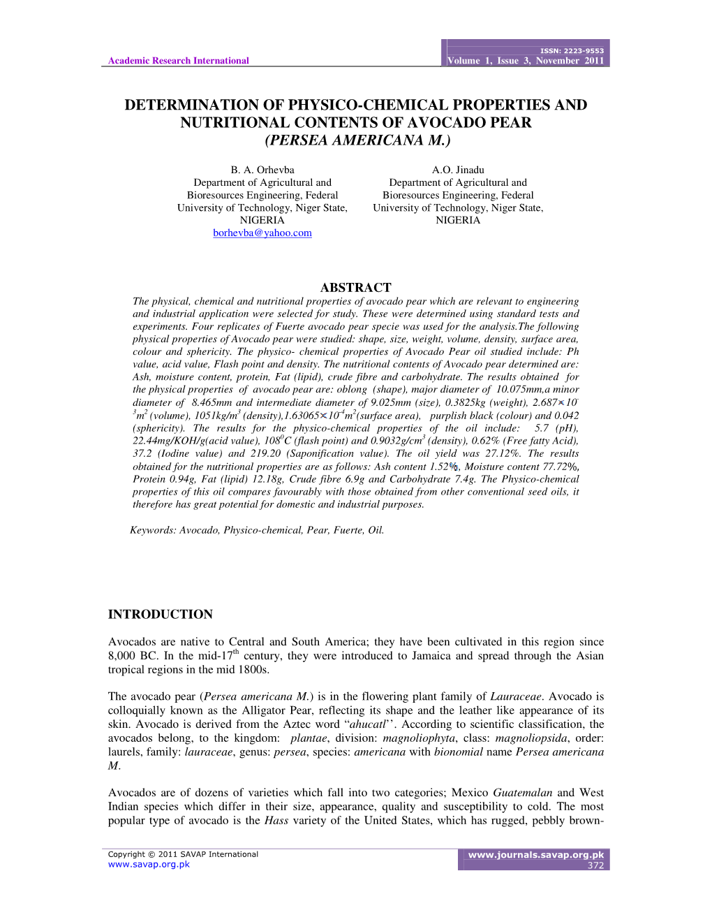 Determination of Physico-Chemical Properties and Nutritional Contents of Avocado Pear (Persea Americana M.)