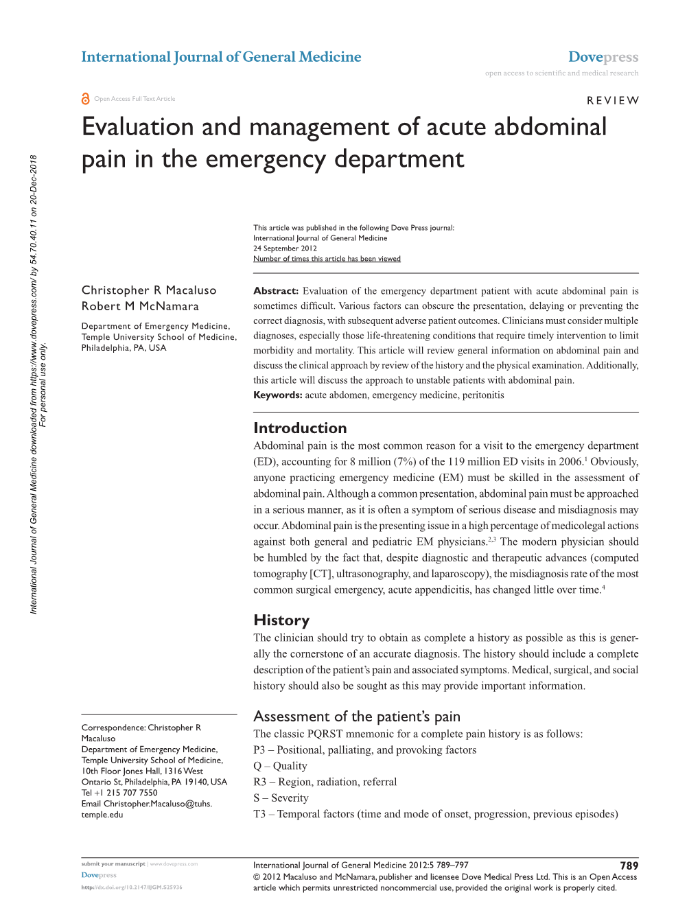 Evaluation and Management of Acute Abdominal Pain in the Emergency Department