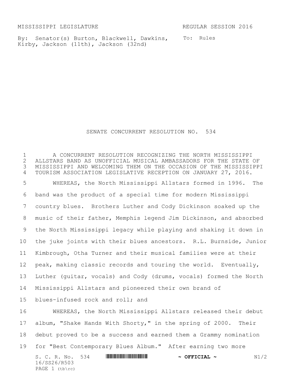 MISSISSIPPI LEGISLATURE REGULAR SESSION 2016 By