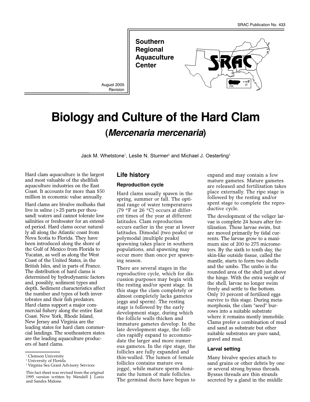 Biology and Culture of the Hard Clam (Mercenaria Mercenaria)