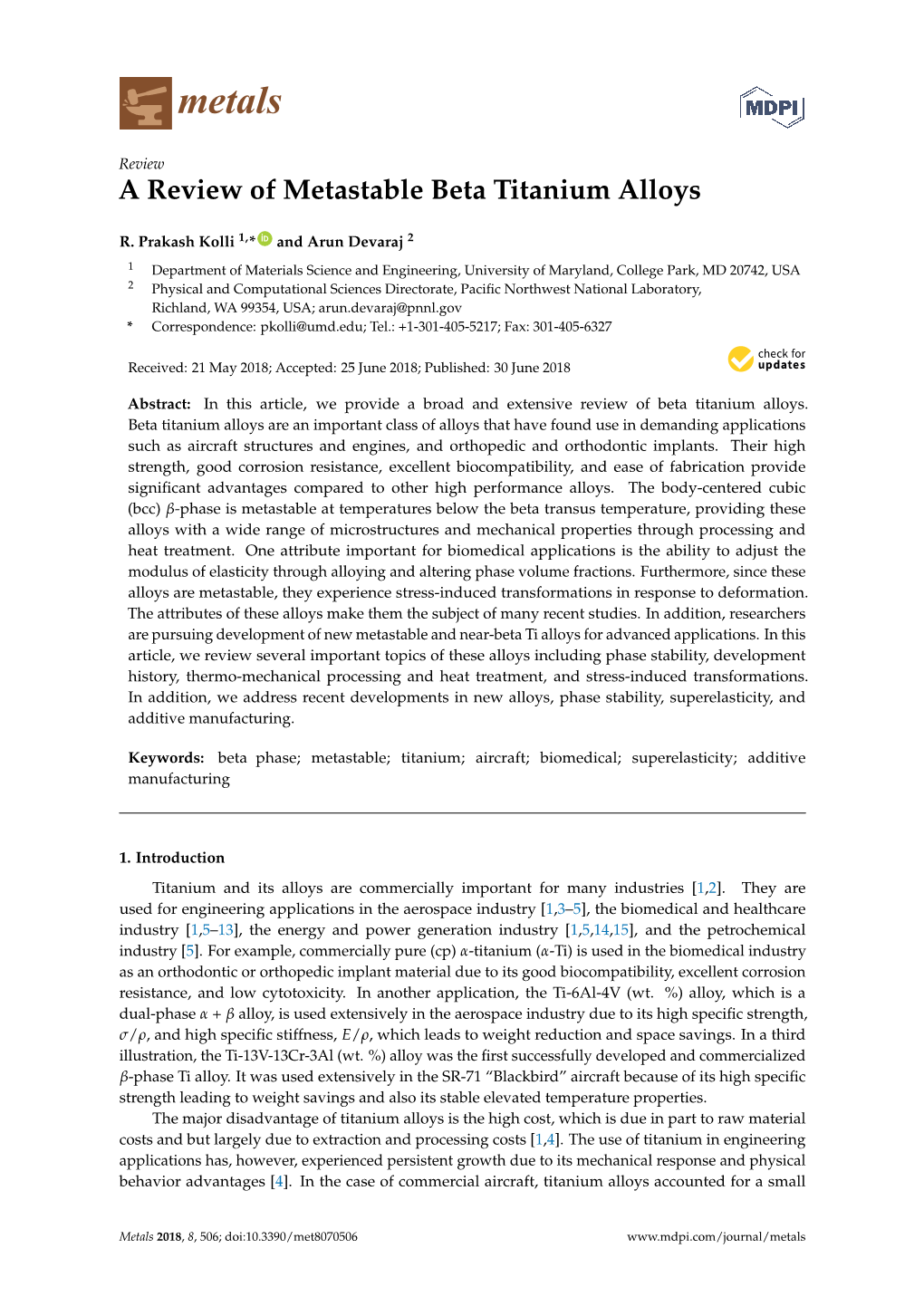 A Review of Metastable Beta Titanium Alloys