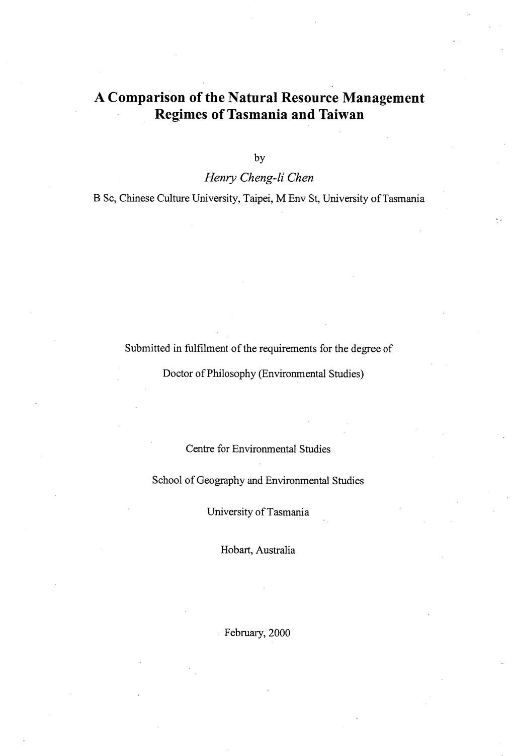 A Comparison of the Natural Resource Management Regimes of Tasmania and Taiwan