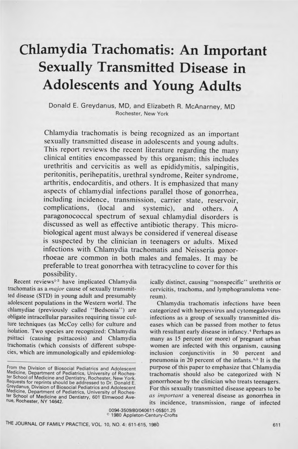 Chlamydia Trachomatis: an Important Sexually Transmitted Disease in Adolescents and Young Adults