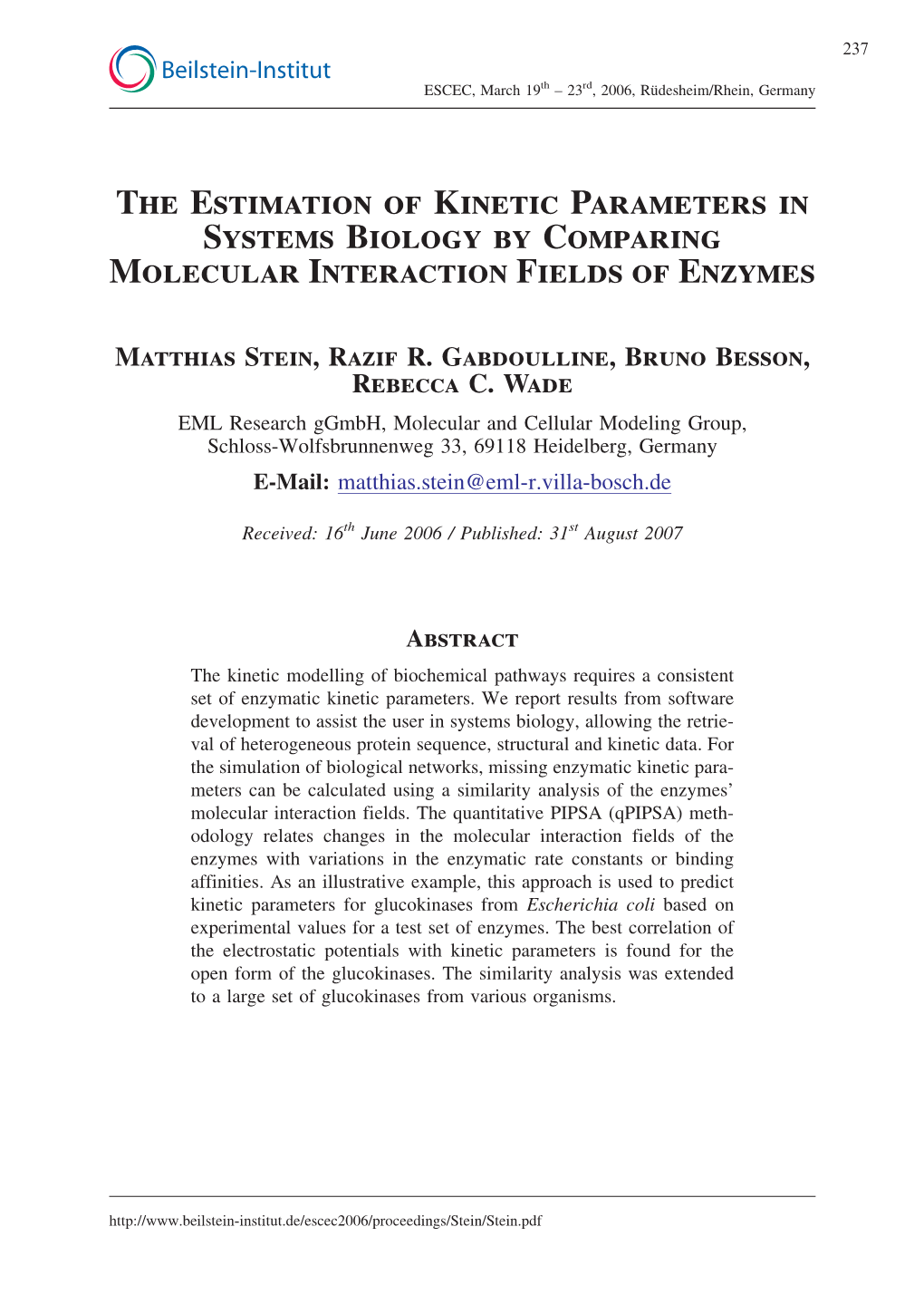 The Estimation of Kinetic Parameters in Systems Biology by Comparing Molecular Interaction Fields of Enzymes