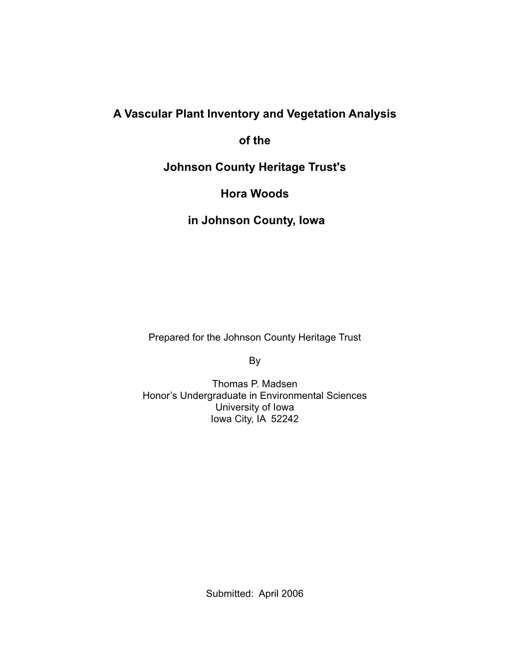 A Vascular Plant Inventory and Vegetation Analysis of the Johnson