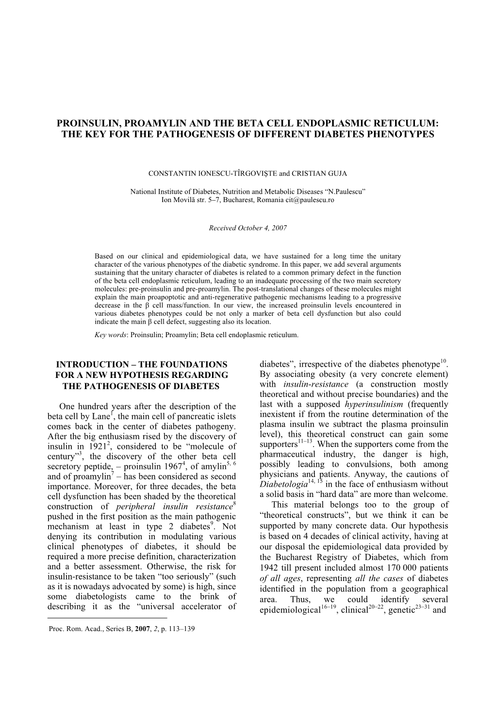 Proinsulin, Proamylin and the Beta Cell Endoplasmic Reticulum: the Key for the Pathogenesis of Different Diabetes Phenotypes