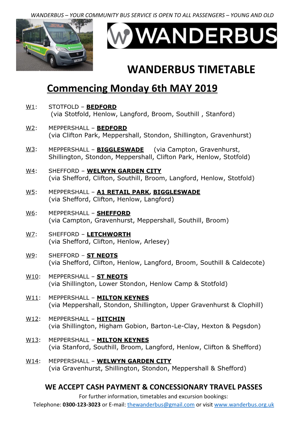 WANDERBUS TIMETABLE Commencing Monday 6Th MAY 2019