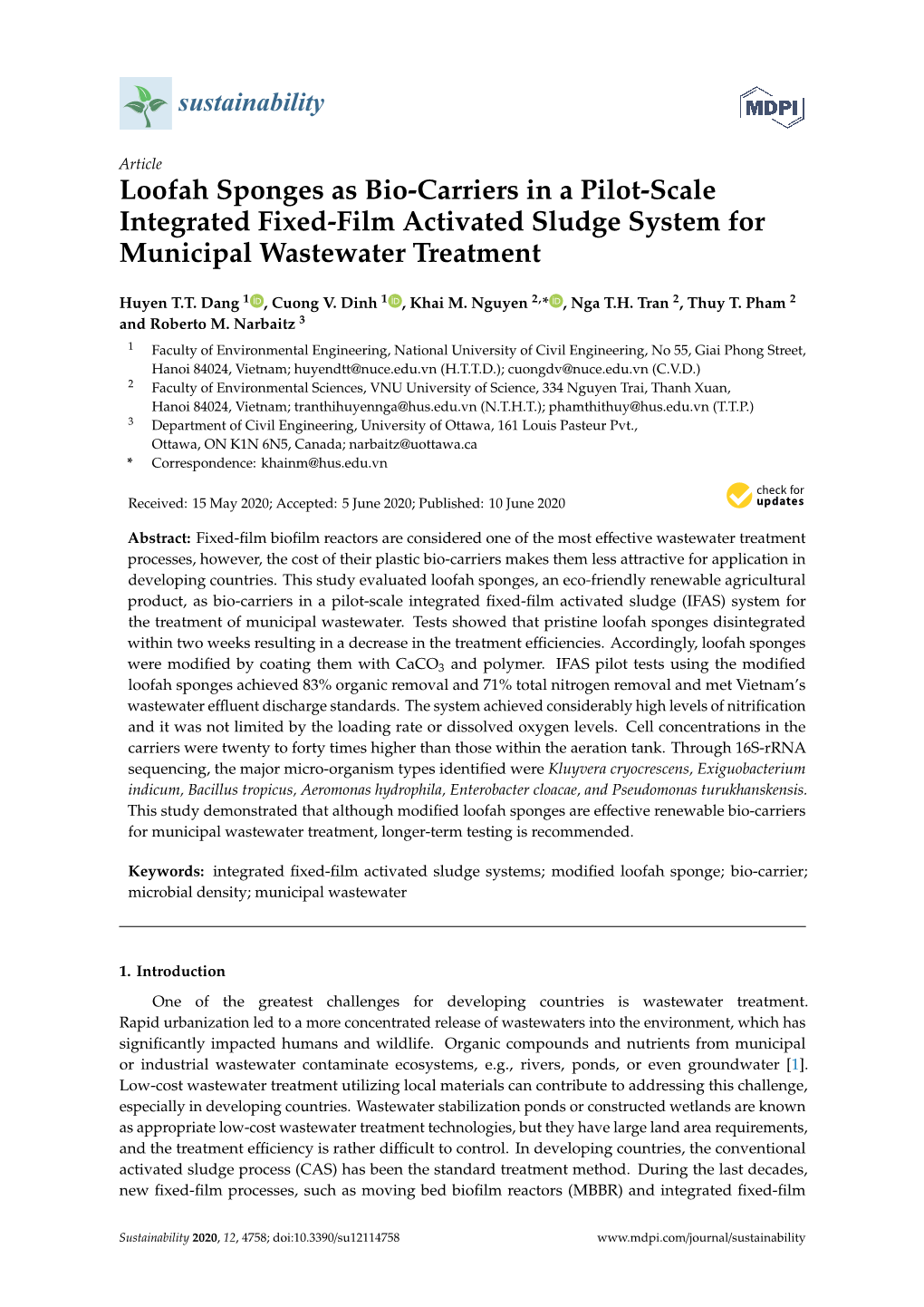 Loofah Sponges As Bio-Carriers in a Pilot-Scale Integrated Fixed-Film Activated Sludge System for Municipal Wastewater Treatment