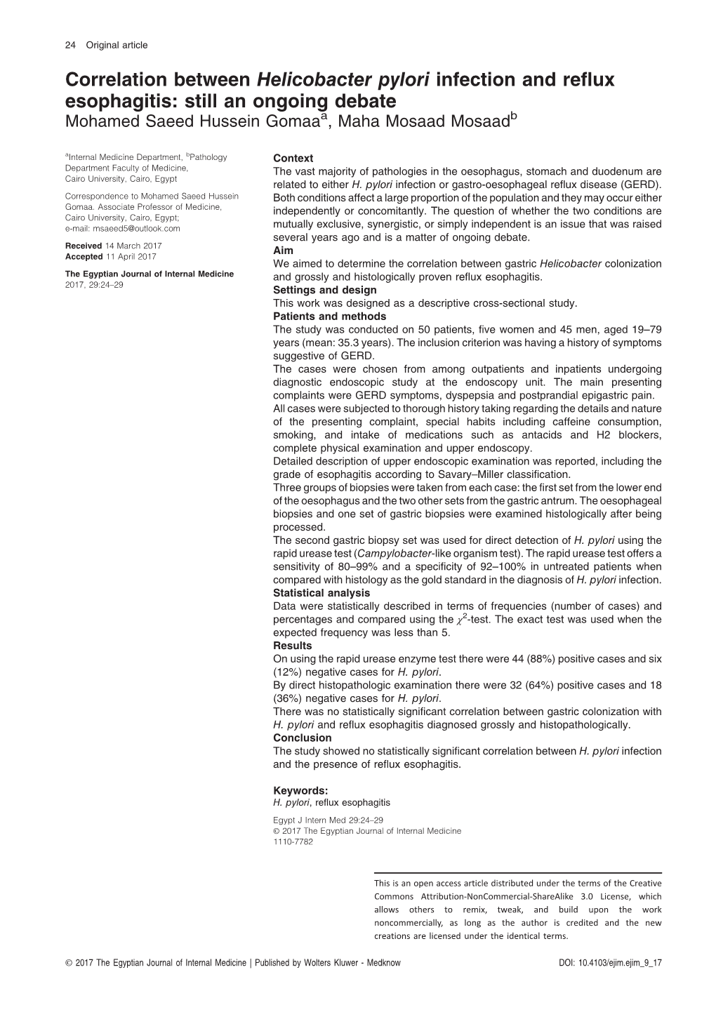 Correlation Between Helicobacter Pylori Infection and Reflux Esophagitis