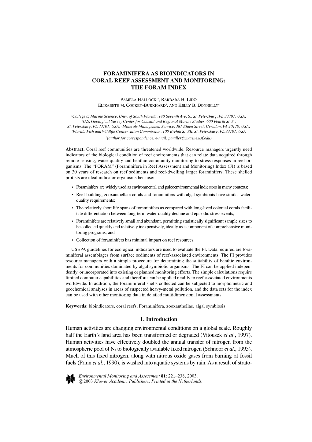 Foraminifera As Bioindicators in Coral Reef Assessment and Monitoring: the Foram Index