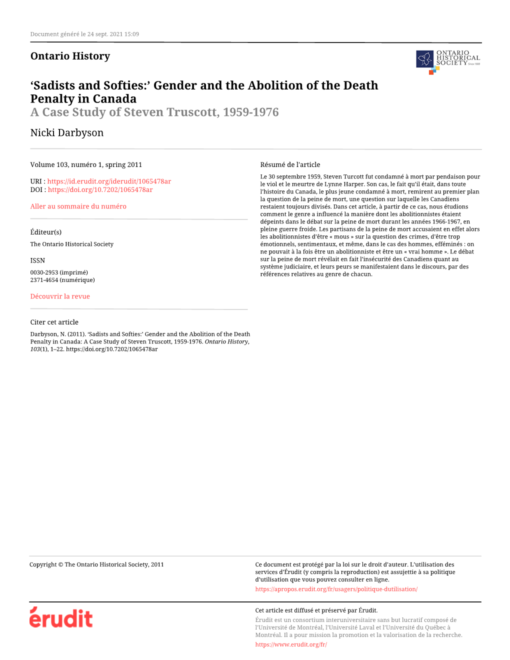 Gender and the Abolition of the Death Penalty in Canada a Case Study of Steven Truscott, 1959-1976 Nicki Darbyson