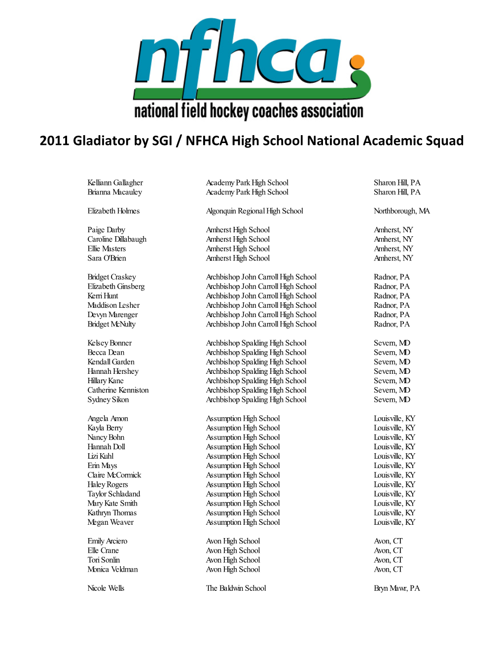 2011 Gladiator by SGI / NFHCA High School National Academic Squad