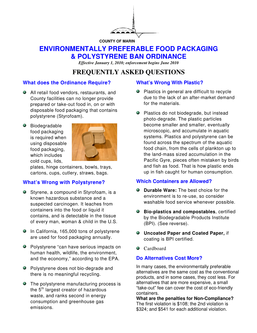 Environmentally Preferable Food Packaging and Polystyrene Ban