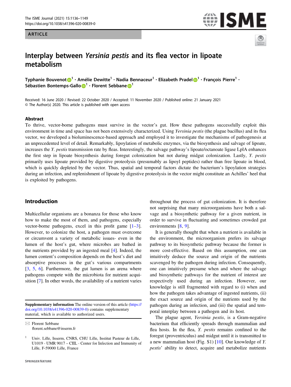 Interplay Between Yersinia Pestis and Its Flea Vector in Lipoate Metabolism