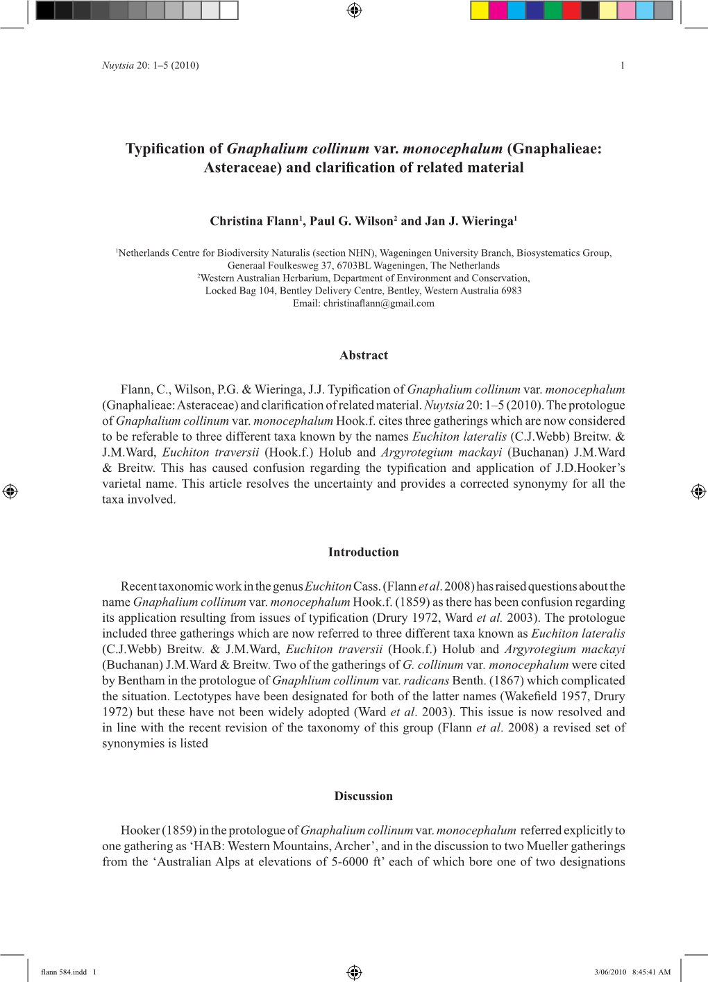 Typification of Gnaphalium Collinum Var. Monocephalum (Gnaphalieae