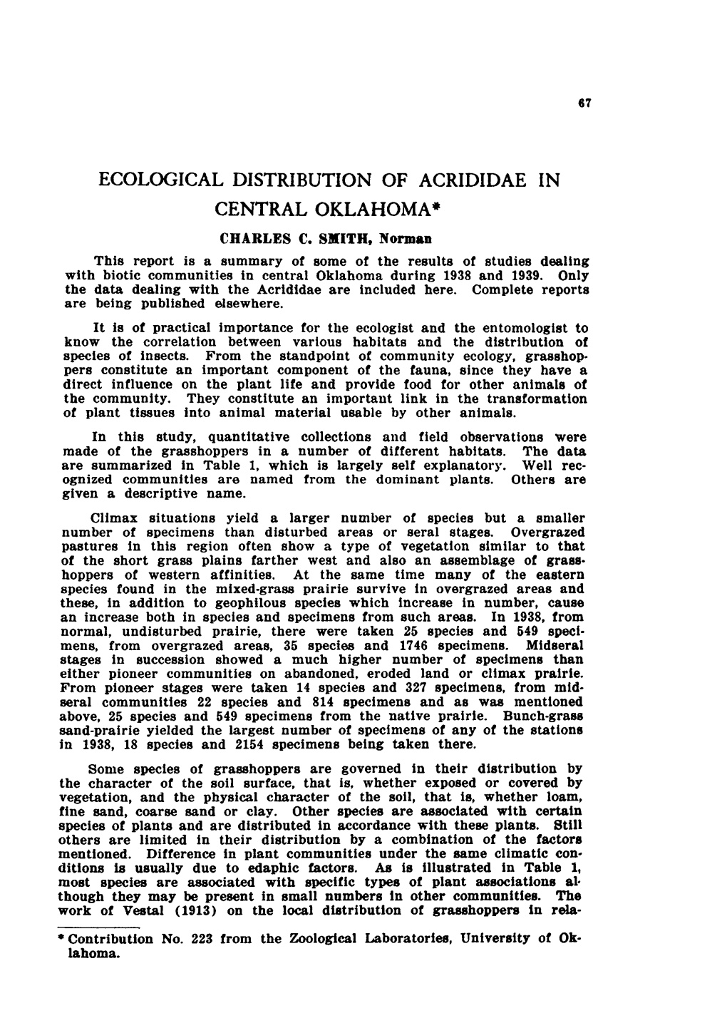 Ecological Distribution of Acrididae in Central Oklahoma· Charles C