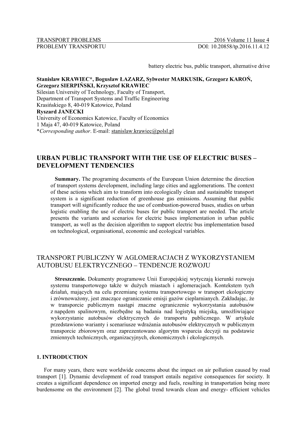 Urban Public Transport with the Use of Electric Buses – Development Tendencies