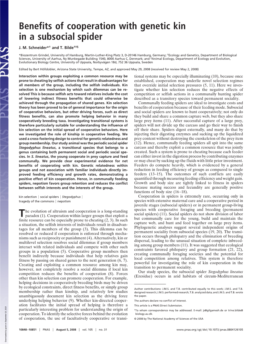 Benefits of Cooperation with Genetic Kin in a Subsocial Spider