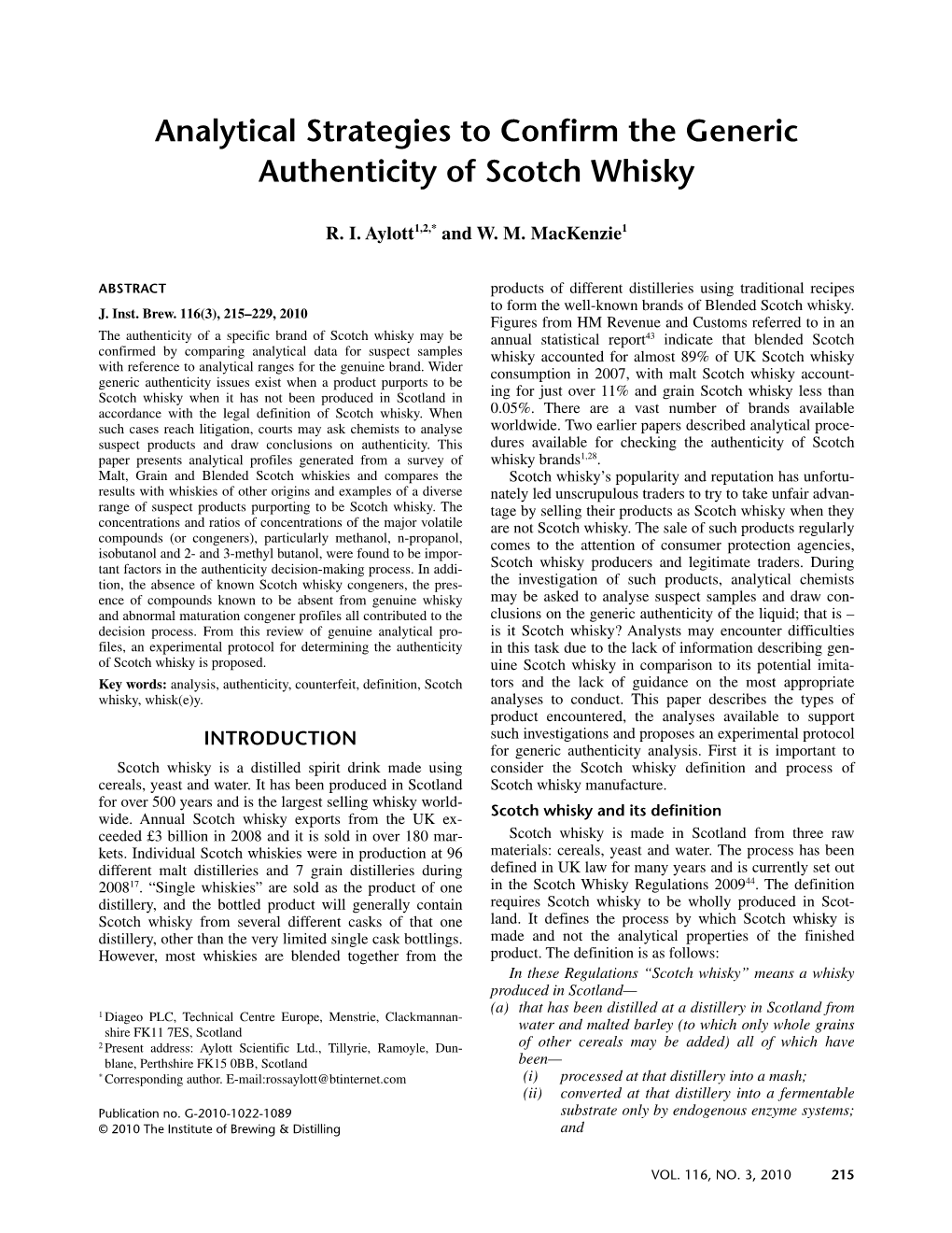 Analytical Strategies to Confirm the Generic Authenticity of Scotch Whisky