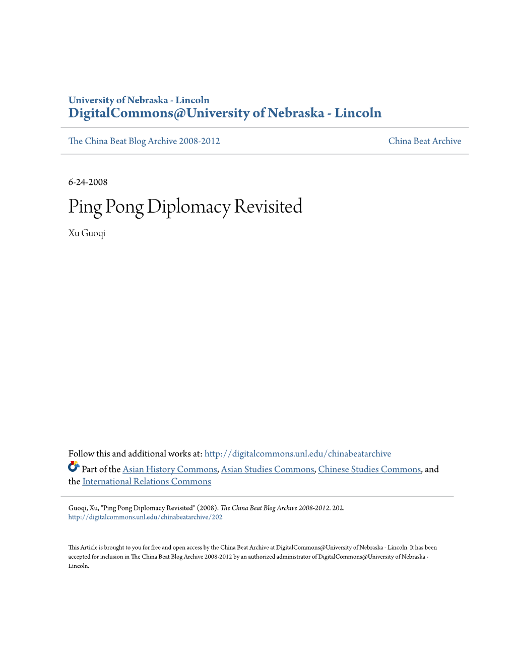 Ping Pong Diplomacy Revisited Xu Guoqi