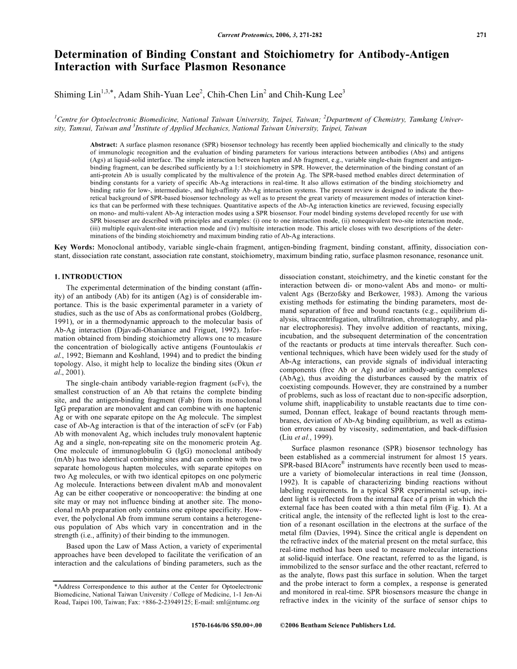 Determination of Binding Constant and Stoichiometry for Antibody-Antigen Interaction with Surface Plasmon Resonance