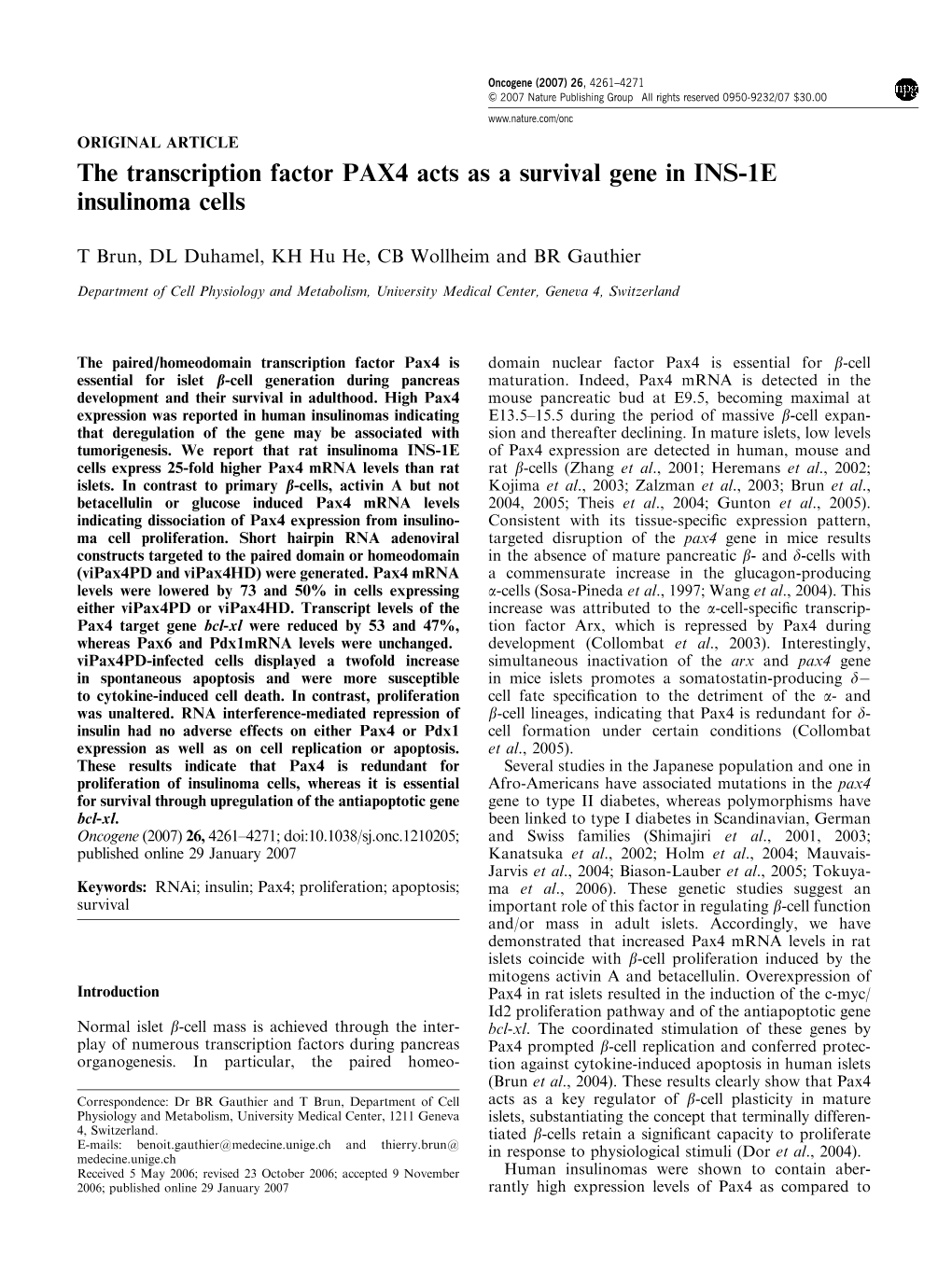 The Transcription Factor PAX4 Acts As a Survival Gene in INS-1E Insulinoma Cells