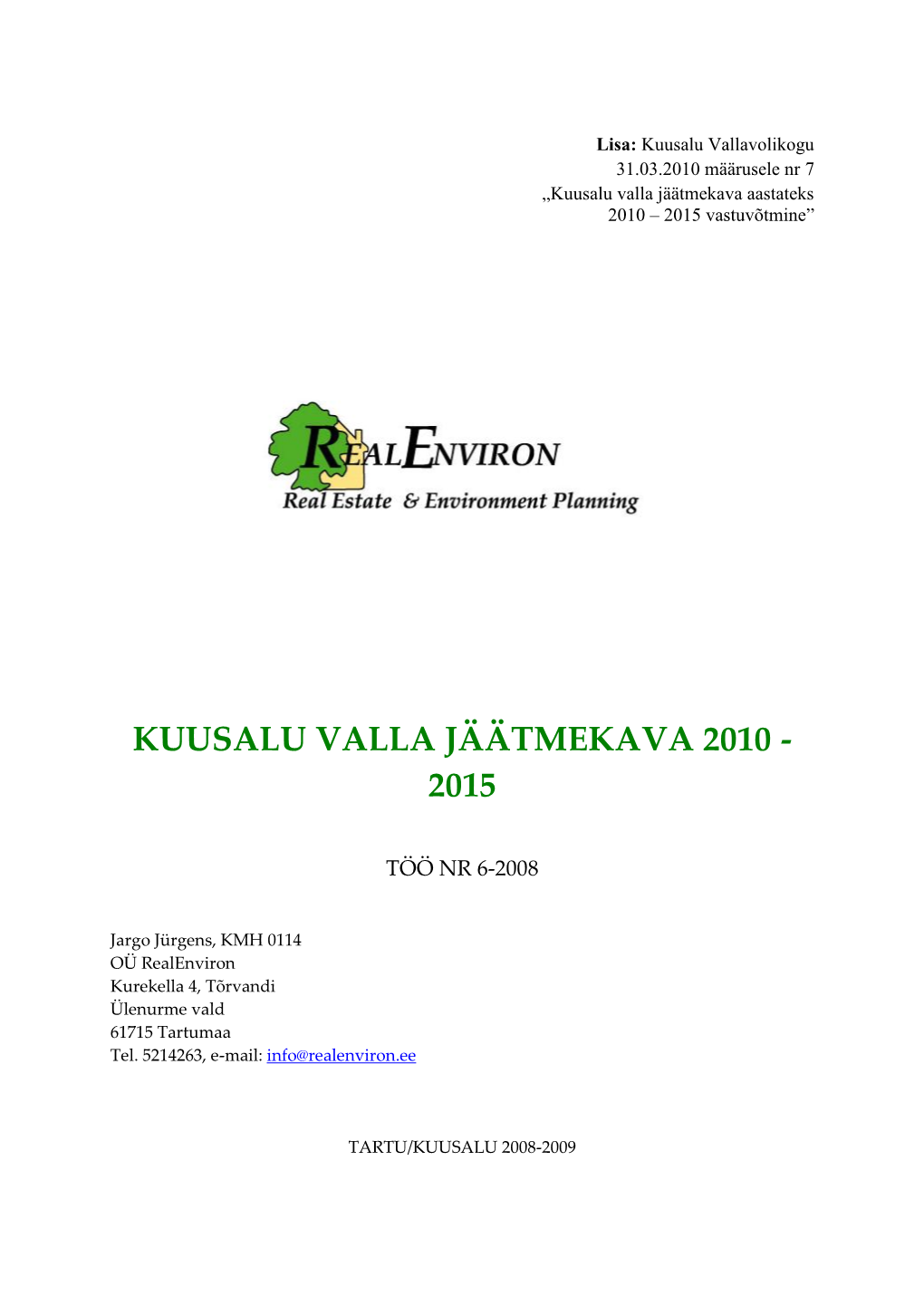 Kuusalu Valla Jäätmekava 2010 - 2015