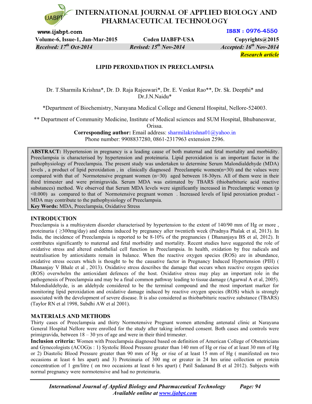 17Th Oct-2014 Revised: 15Th Nov-2014 Accepted: 16Th Nov-2014 Research Article