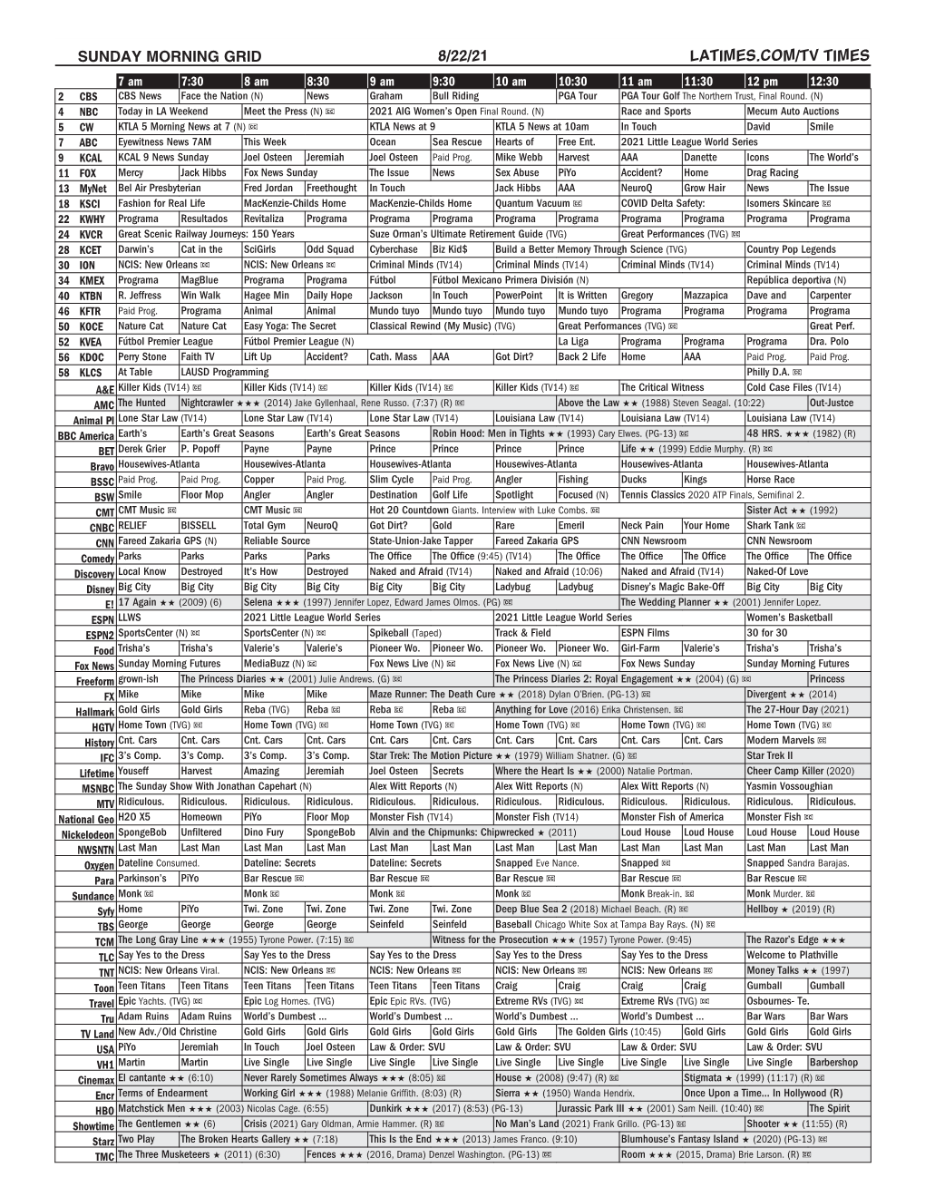 Sunday Morning Grid 8/22/21 Latimes.Com/Tv Times