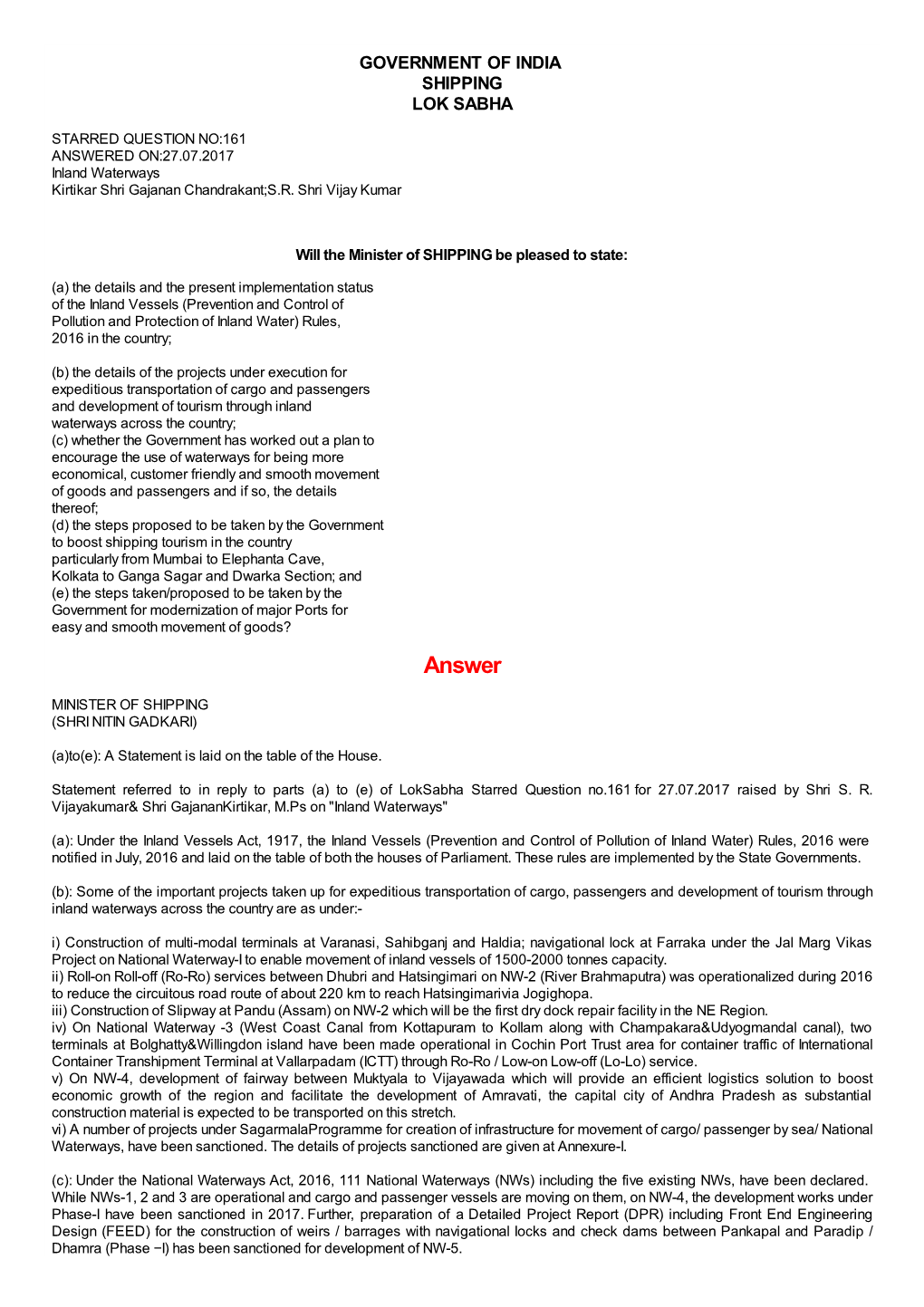 ANSWERED ON:27.07.2017 Inland Waterways Kirtikar Shri Gajanan Chandrakant;S.R