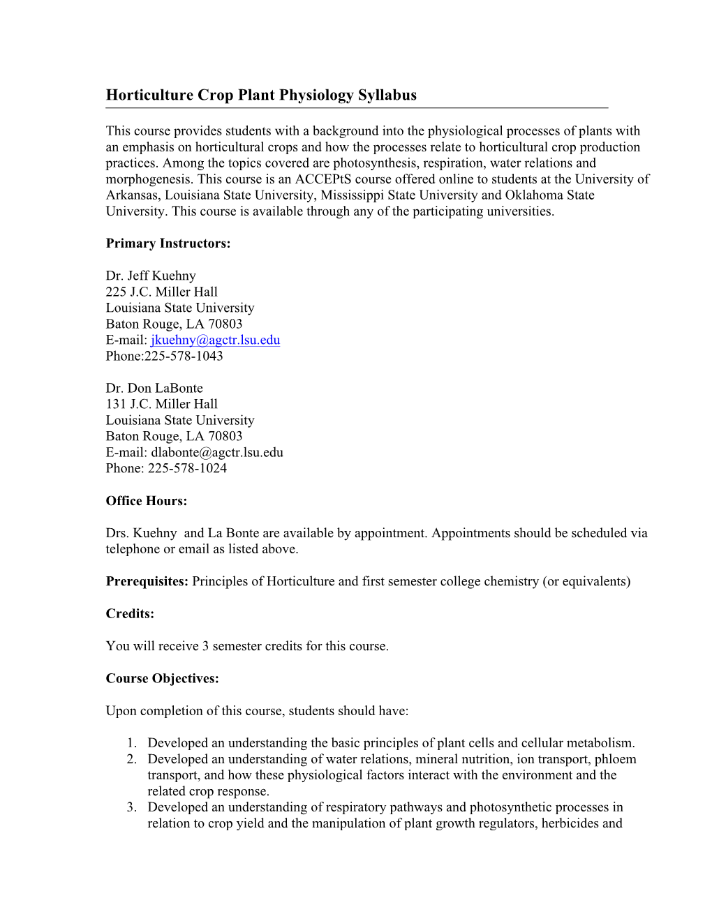 Horticulture Crop Plant Physiology Syllabus