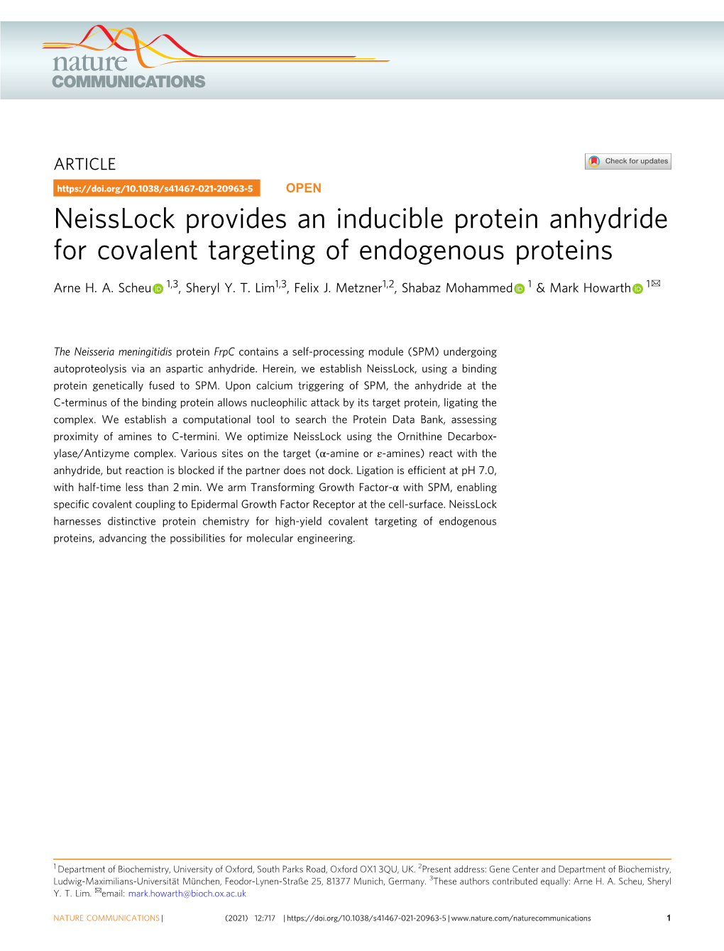 Neisslock Provides an Inducible Protein Anhydride for Covalent Targeting of Endogenous Proteins ✉ Arne H