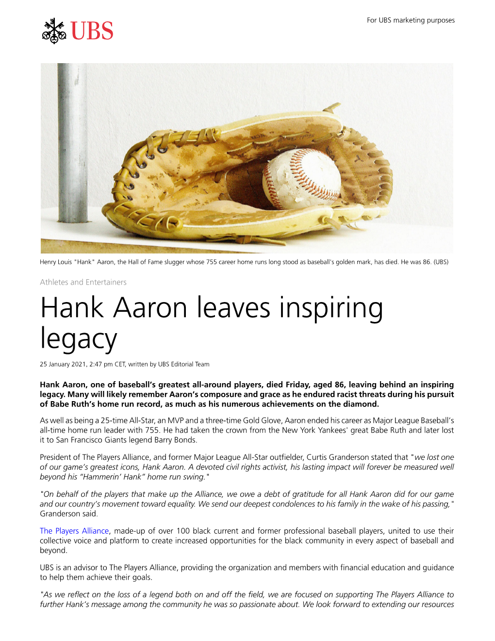 Hank Aaron Leaves Inspiring Legacy