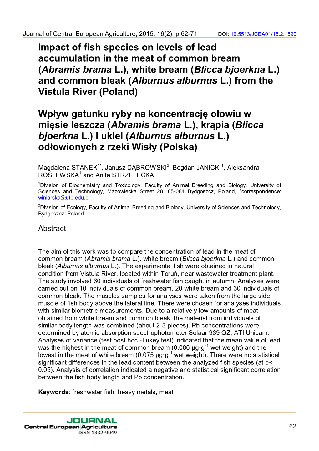 Impact of Fish Species on Levels of Lead Accumulation in the Meat of Common Bream (Abramis Brama L.), White Bream (Blicca Bjoerk