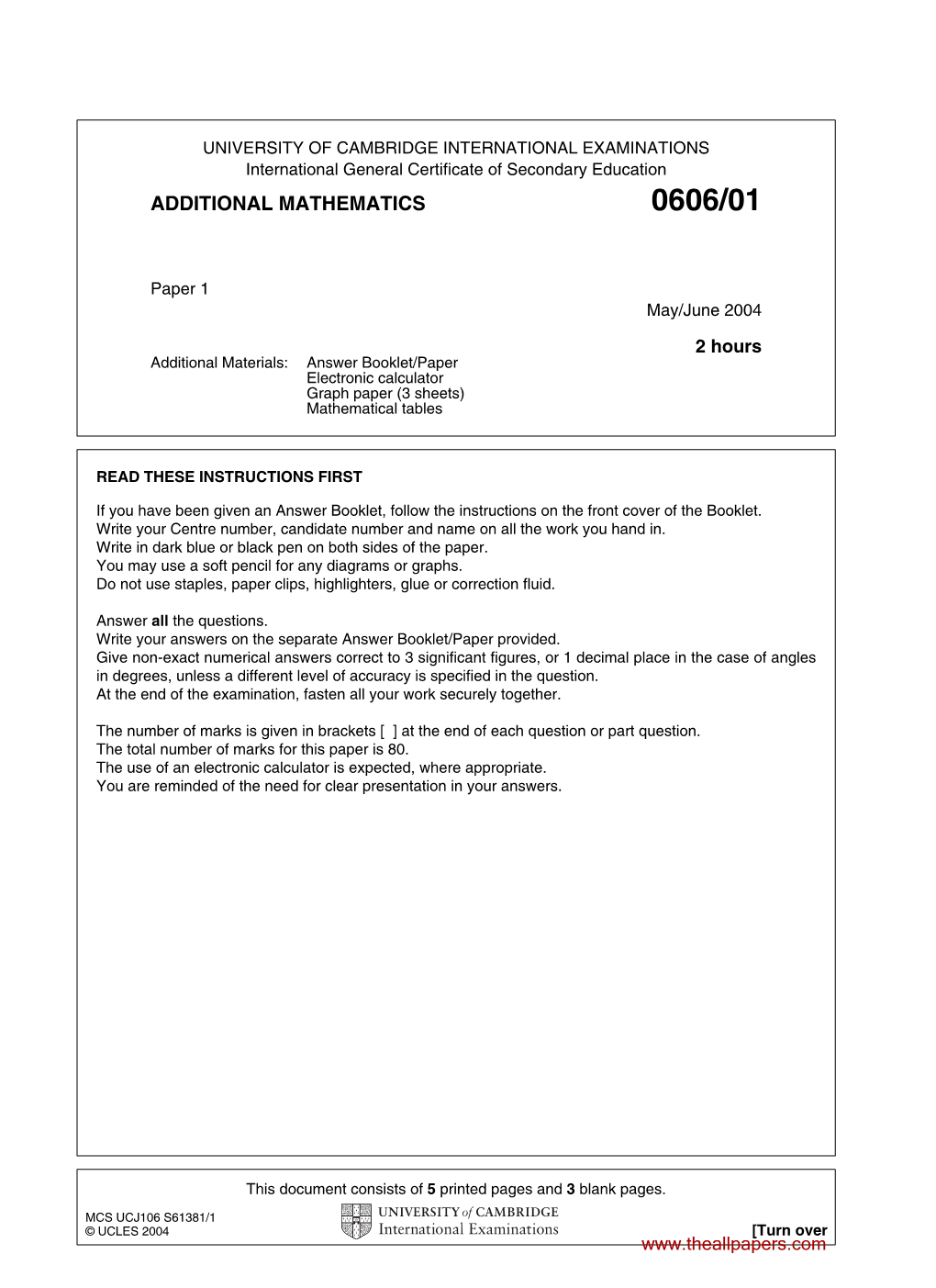 Additional Mathematics 0606/01