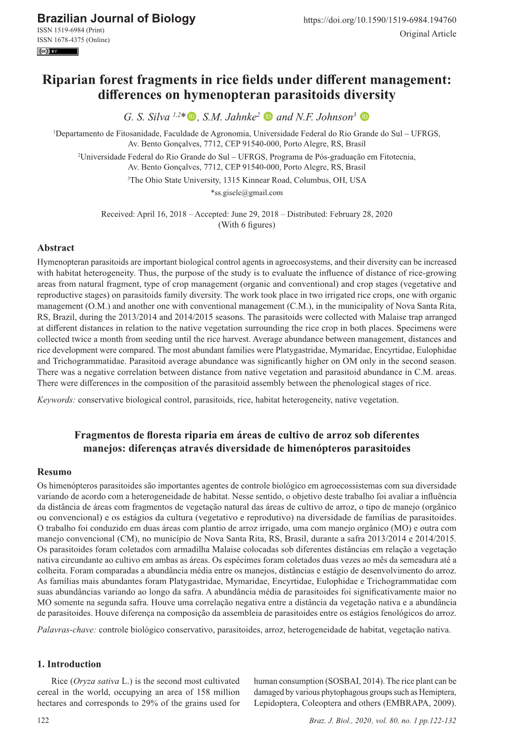 Riparian Forest Fragments in Rice Fields Under Different Management: Differences on Hymenopteran Parasitoids Diversity G