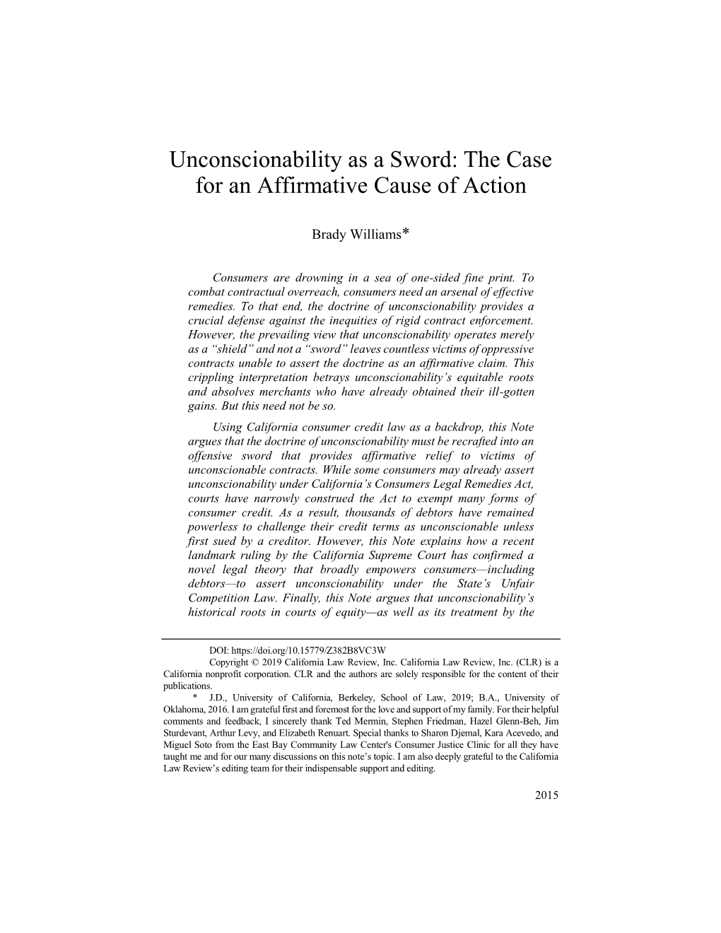 Unconscionability As a Sword: the Case for an Affirmative Cause of Action