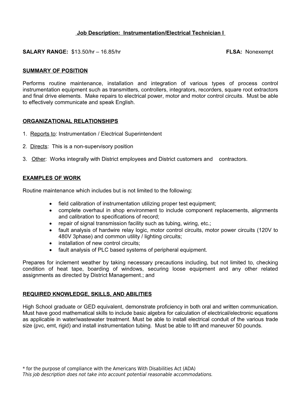 Job Description: Instrumentation / Electrical Maintenance Technician