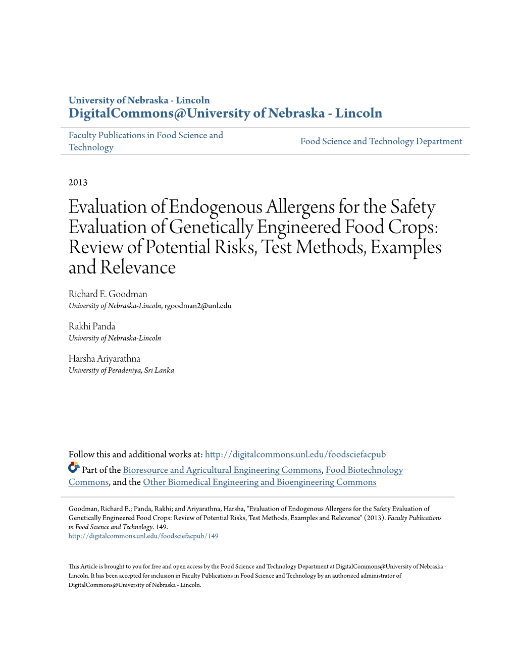 Evaluation of Endogenous Allergens for the Safety Evaluation of Genetically Engineered Food Crops