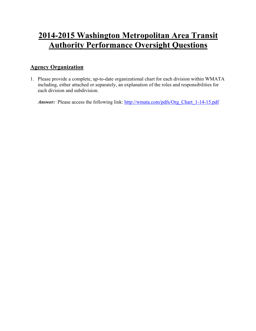 2014-2015 Washington Metropolitan Area Transit Authority Performance Oversight Questions