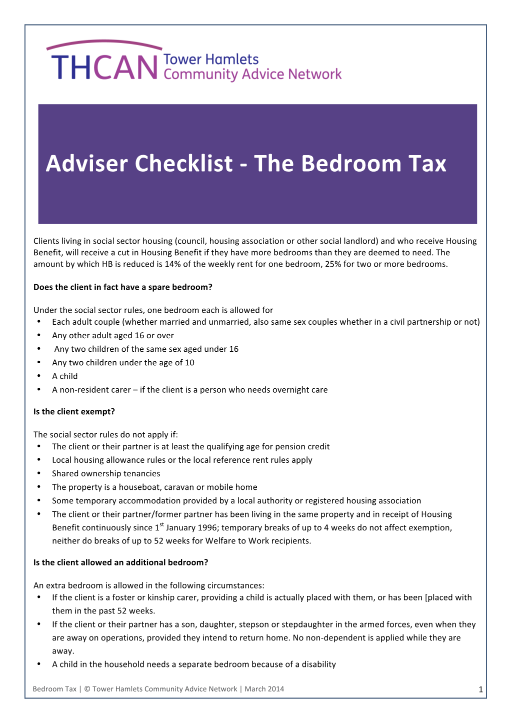 Adviser Checklist -‐ the Bedroom