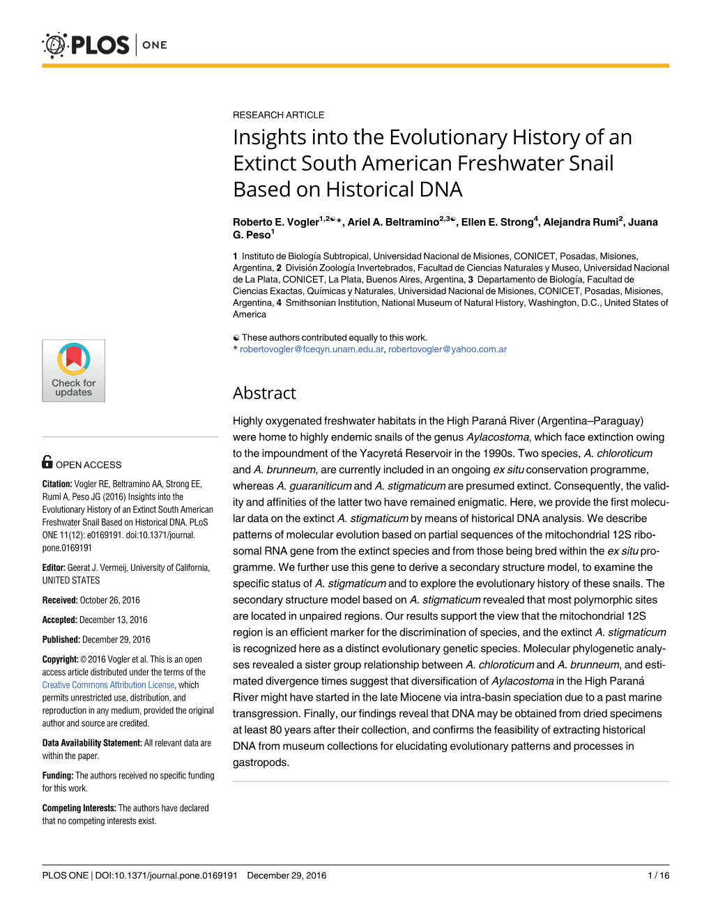 Insights Into the Evolutionary History of an Extinct South American Freshwater Snail Based on Historical DNA