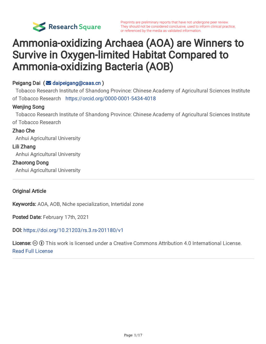 Ammonia-Oxidizing Archaea (AOA) Are Winners to Survive in Oxygen-Limited Habitat Compared to Ammonia-Oxidizing Bacteria (AOB)